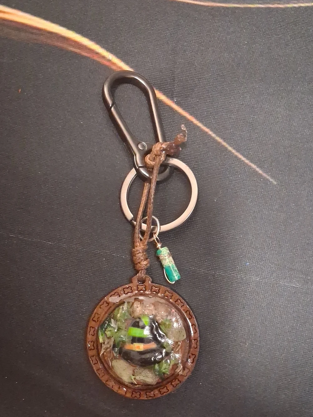 Handmade Witch Hat Keychain with Black & Green Floral Design
